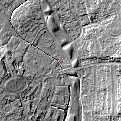 Shaded relief map of the ground around B235DQ, computed from Environment Agency LiDAR. The ground here sits at about 111 m above sea level and falls 19 m across the surrounding 800 m. Surface water reaching this point runs off ground lying to the west, 15.0 m higher.