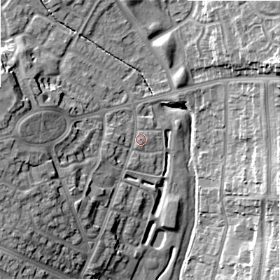 Shaded relief map of the ground around B235GS, computed from Environment Agency LiDAR. The ground here sits at about 111 m above sea level and falls 19 m across the surrounding 800 m. Surface water reaching this point runs off ground lying to the south-west, 5.1 m higher.