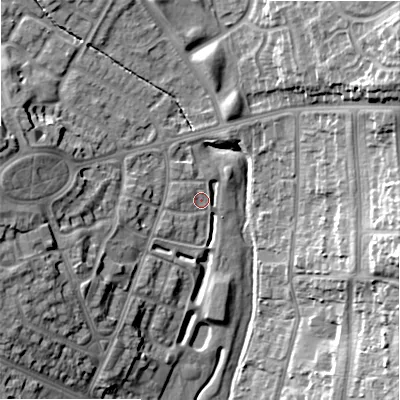 Shaded relief map of the ground around B235GT, computed from Environment Agency LiDAR. The ground here sits at about 110 m above sea level and falls 20 m across the surrounding 800 m. Surface water reaching this point runs off ground lying to the west, 13.1 m higher.