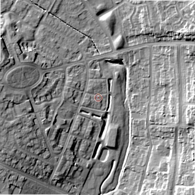 Shaded relief map of the ground around B235GU, computed from Environment Agency LiDAR. The ground here sits at about 110 m above sea level and falls 19 m across the surrounding 800 m. Surface water reaching this point runs off ground lying to the west-south-west, 2.1 m higher.