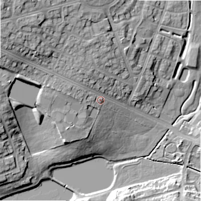 Shaded relief map of the ground around B237AS, computed from Environment Agency LiDAR. The ground here sits at about 115 m above sea level and falls 26 m across the surrounding 800 m. Surface water reaching this point runs off ground lying to the north-west, 16.2 m higher.