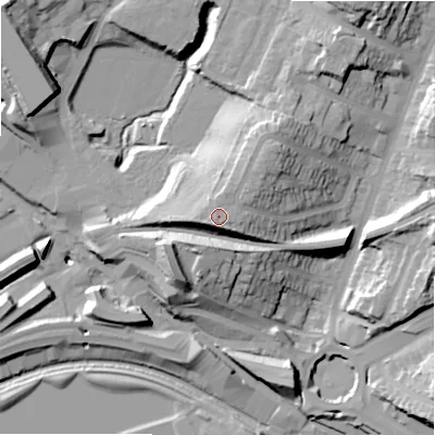 Shaded relief map of the ground around B237PS, computed from Environment Agency LiDAR. The ground here sits at about 111 m above sea level and falls 29 m across the surrounding 800 m. Surface water reaching this point runs off ground lying to the south-south-west, 1.0 m higher.