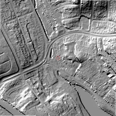Shaded relief map of the ground around B237RP, computed from Environment Agency LiDAR. The ground here sits at about 98 m above sea level and falls 30 m across the surrounding 800 m. Surface water reaching this point runs off ground lying to the north-east, 28.5 m higher.