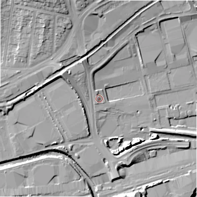 Shaded relief map of the ground around B248DL, computed from Environment Agency LiDAR. The ground here sits at about 89 m above sea level and falls 22 m across the surrounding 800 m. Surface water reaching this point runs off ground lying to the north-north-west, 4.9 m higher.