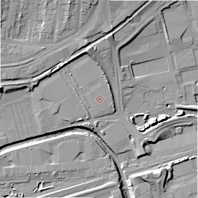 Shaded relief map of the ground around B248DW, computed from Environment Agency LiDAR. The ground here sits at about 90 m above sea level and falls 19 m across the surrounding 800 m. The ground contributing surface water to this point lies to the north-west.