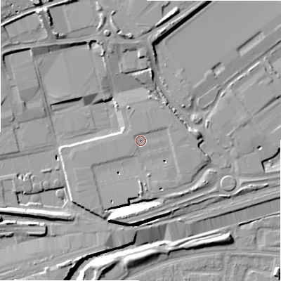 Shaded relief map of the ground around B249FP, computed from Environment Agency LiDAR. The ground here sits at about 87 m above sea level and falls 14 m across the surrounding 800 m. Surface water reaching this point runs off ground lying to the north-east, 0.7 m higher.