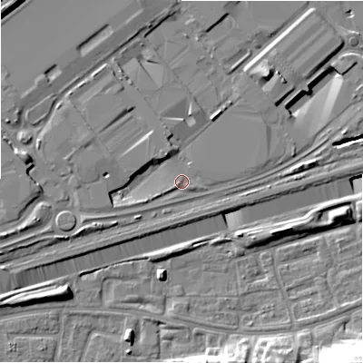 Shaded relief map of the ground around B249HL, computed from Environment Agency LiDAR. The ground here sits at about 85 m above sea level and falls 19 m across the surrounding 800 m. Surface water reaching this point runs off ground lying to the west, 4.8 m higher.