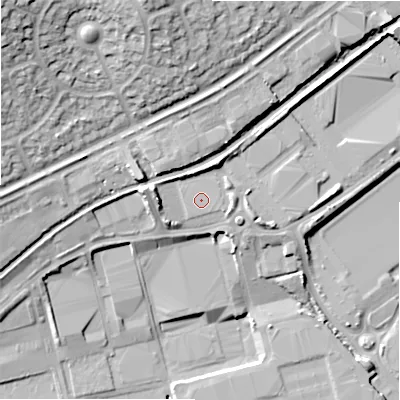 Shaded relief map of the ground around B249QJ, computed from Environment Agency LiDAR. The ground here sits at about 91 m above sea level and falls 24 m across the surrounding 800 m. Surface water reaching this point runs off ground lying to the south-east, 0.5 m higher.