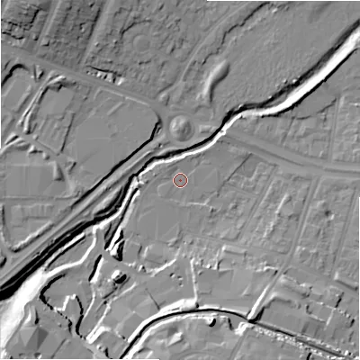 Shaded relief map of the ground around B258DL, computed from Environment Agency LiDAR. The ground here sits at about 106 m above sea level and falls 19 m across the surrounding 800 m. Surface water reaching this point runs off ground lying to the south-south-east, 12.9 m higher.