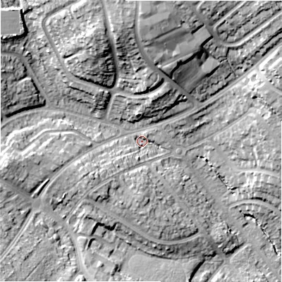 Shaded relief map of the ground around B262JL, computed from Environment Agency LiDAR. The ground here sits at about 100 m above sea level and falls 25 m across the surrounding 800 m. Surface water reaching this point runs off ground lying to the north, 19.1 m higher.