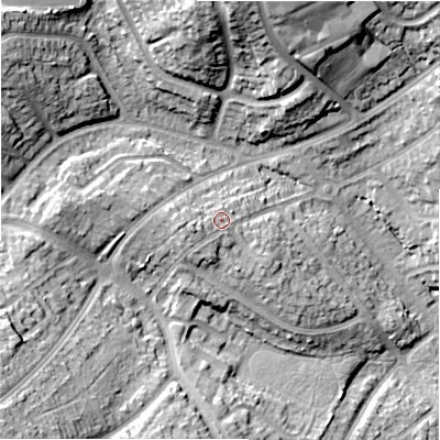 Shaded relief map of the ground around B262NG, computed from Environment Agency LiDAR. The ground here sits at about 107 m above sea level and falls 29 m across the surrounding 800 m. Surface water reaching this point runs off ground lying to the west-south-west, 3.3 m higher.