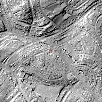 Shaded relief map of the ground around B262NH, computed from Environment Agency LiDAR. The ground here sits at about 100 m above sea level and falls 25 m across the surrounding 800 m. Surface water reaching this point runs off ground lying to the north-north-west, 19.1 m higher.