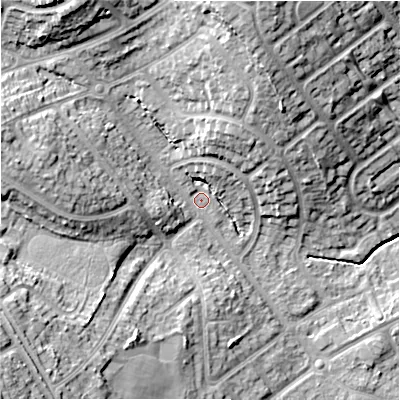Shaded relief map of the ground around B262PA, computed from Environment Agency LiDAR. The ground here sits at about 96 m above sea level and falls 23 m across the surrounding 800 m. Surface water reaching this point runs off ground lying to the south-west, 17.6 m higher.