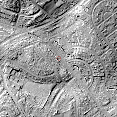 Shaded relief map of the ground around B262PB, computed from Environment Agency LiDAR. The ground here sits at about 98 m above sea level and falls 25 m across the surrounding 800 m. Surface water reaching this point runs off ground lying to the north-north-west, 17.0 m higher.