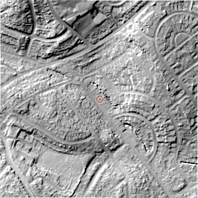 Shaded relief map of the ground around B262PD, computed from Environment Agency LiDAR. The ground here sits at about 98 m above sea level and falls 26 m across the surrounding 800 m. Surface water reaching this point runs off ground lying to the north-west, 20.1 m higher.
