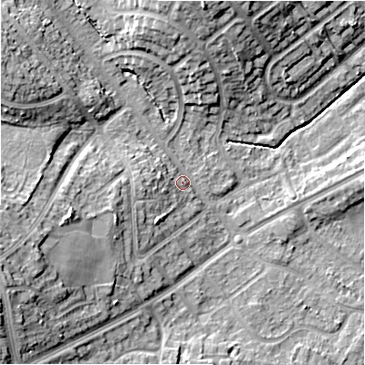 Shaded relief map of the ground around B262PU, computed from Environment Agency LiDAR. The ground here sits at about 96 m above sea level and falls 19 m across the surrounding 800 m. Surface water reaching this point runs off ground lying to the west, 4.4 m higher.