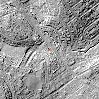 Shaded relief map of the ground around B262PX, computed from Environment Agency LiDAR. The ground here sits at about 95 m above sea level and falls 22 m across the surrounding 800 m. Surface water reaching this point runs off ground lying to the south-west, 17.3 m higher.