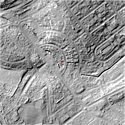 Shaded relief map of the ground around B262QA, computed from Environment Agency LiDAR. The ground here sits at about 95 m above sea level and falls 20 m across the surrounding 800 m. Surface water reaching this point runs off ground lying to the north-north-west, 5.9 m higher.