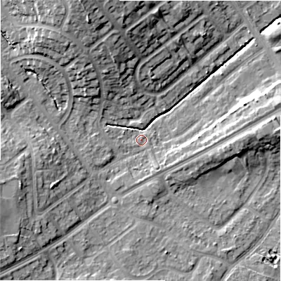 Shaded relief map of the ground around B262QD, computed from Environment Agency LiDAR. The ground here sits at about 93 m above sea level and falls 18 m across the surrounding 800 m. Surface water reaching this point runs off ground lying to the north-west, 10.9 m higher.