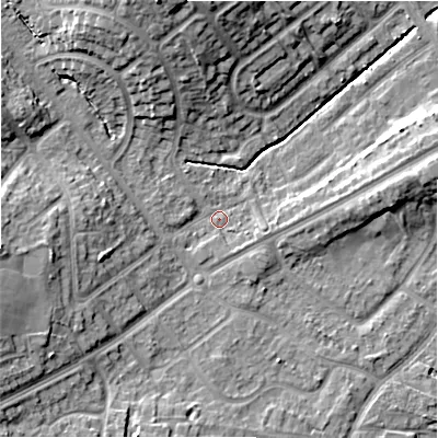 Shaded relief map of the ground around B262QE, computed from Environment Agency LiDAR. The ground here sits at about 93 m above sea level and falls 16 m across the surrounding 800 m. Surface water reaching this point runs off ground lying to the west-south-west, 9.5 m higher.