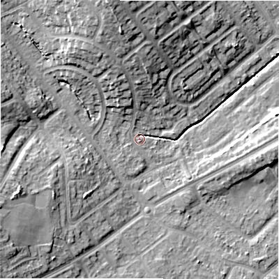 Shaded relief map of the ground around B262QG, computed from Environment Agency LiDAR. The ground here sits at about 94 m above sea level and falls 19 m across the surrounding 800 m. Surface water reaching this point runs off ground lying to the north-north-west, 14.5 m higher.