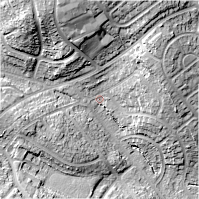 Shaded relief map of the ground around B262RA, computed from Environment Agency LiDAR. The ground here sits at about 99 m above sea level and falls 27 m across the surrounding 800 m. Surface water reaching this point runs off ground lying to the north-north-west, 21.2 m higher.