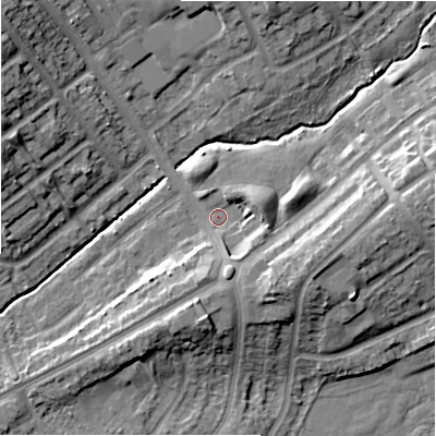 Shaded relief map of the ground around B262RU, computed from Environment Agency LiDAR. The ground here sits at about 93 m above sea level and falls 14 m across the surrounding 800 m. Surface water reaching this point runs off ground lying to the south-south-west, 6.3 m higher.