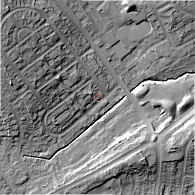 Shaded relief map of the ground around B262TT, computed from Environment Agency LiDAR. The ground here sits at about 94 m above sea level and falls 23 m across the surrounding 800 m. Surface water reaching this point runs off ground lying to the west, 5.0 m higher.