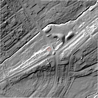 Shaded relief map of the ground around B262UB, computed from Environment Agency LiDAR. The ground here sits at about 96 m above sea level and falls 15 m across the surrounding 800 m. Surface water reaching this point runs off ground lying to the south, 3.2 m higher.