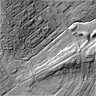 Shaded relief map of the ground around B262UD, computed from Environment Agency LiDAR. The ground here sits at about 93 m above sea level and falls 22 m across the surrounding 800 m. Surface water reaching this point runs off ground lying to the north-west, 19.1 m higher.