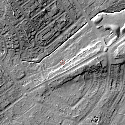 Shaded relief map of the ground around B262UE, computed from Environment Agency LiDAR. The ground here sits at about 93 m above sea level and falls 20 m across the surrounding 800 m. Surface water reaching this point runs off ground lying to the east-south-east, 4.8 m higher.