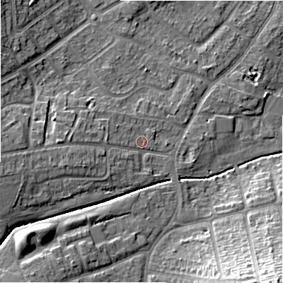 Shaded relief map of the ground around B263DN, computed from Environment Agency LiDAR. The ground here sits at about 95 m above sea level and falls 21 m across the surrounding 800 m. Surface water reaching this point runs off ground lying to the west, 2.0 m higher.