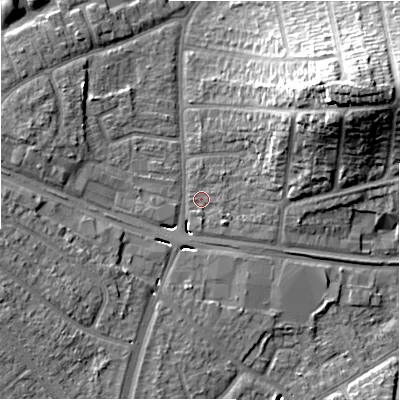 Shaded relief map of the ground around B263EJ, computed from Environment Agency LiDAR. The ground here sits at about 97 m above sea level and falls 22 m across the surrounding 800 m. Surface water reaching this point runs off ground lying to the east-north-east, 5.3 m higher.