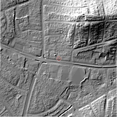 Shaded relief map of the ground around B263JH, computed from Environment Agency LiDAR. The ground here sits at about 98 m above sea level and falls 22 m across the surrounding 800 m. Surface water reaching this point runs off ground lying to the east-north-east, 0.6 m higher.