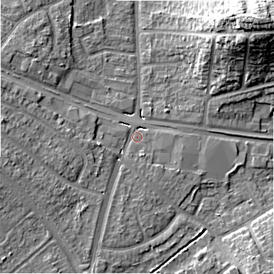Shaded relief map of the ground around B263NL, computed from Environment Agency LiDAR. The ground here sits at about 98 m above sea level and falls 22 m across the surrounding 800 m. Surface water reaching this point runs off ground lying to the west-south-west, 7.7 m higher.