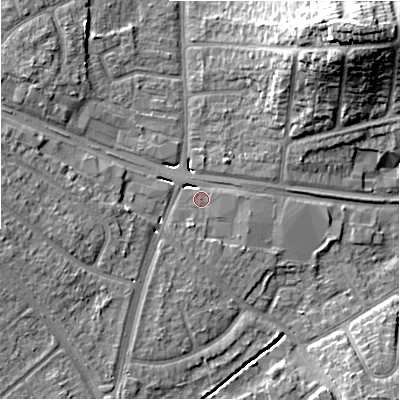 Shaded relief map of the ground around B263NR, computed from Environment Agency LiDAR. The ground here sits at about 98 m above sea level and falls 22 m across the surrounding 800 m. Surface water reaching this point runs off ground lying to the south-south-west, 1.2 m higher.