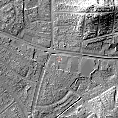 Shaded relief map of the ground around B263NW, computed from Environment Agency LiDAR. The ground here sits at about 98 m above sea level and falls 22 m across the surrounding 800 m. Surface water reaching this point runs off ground lying to the south-west, 1.2 m higher.