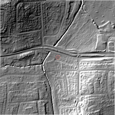 Shaded relief map of the ground around B263PP, computed from Environment Agency LiDAR. The ground here sits at about 94 m above sea level and falls 29 m across the surrounding 800 m. Surface water reaching this point runs off ground lying to the north-west, 24.2 m higher.