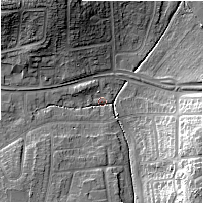 Shaded relief map of the ground around B263PW, computed from Environment Agency LiDAR. The ground here sits at about 94 m above sea level and falls 29 m across the surrounding 800 m. Surface water reaching this point runs off ground lying to the south-west, 10.9 m higher.