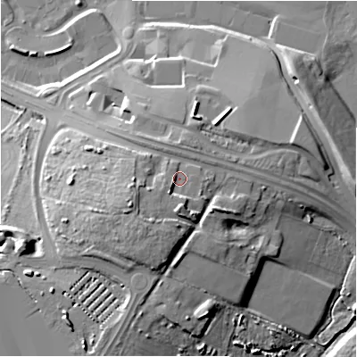 Shaded relief map of the ground around B263QS, computed from Environment Agency LiDAR. The ground here sits at about 113 m above sea level and falls 19 m across the surrounding 800 m. Surface water reaching this point runs off ground lying to the south-west, 5.0 m higher.