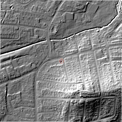 Shaded relief map of the ground around B263SE, computed from Environment Agency LiDAR. The ground here sits at about 96 m above sea level and falls 26 m across the surrounding 800 m. Surface water reaching this point runs off ground lying to the south-east, 21.2 m higher.