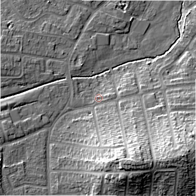 Shaded relief map of the ground around B263SG, computed from Environment Agency LiDAR. The ground here sits at about 95 m above sea level and falls 26 m across the surrounding 800 m. Surface water reaching this point runs off ground lying to the east, 2.9 m higher.