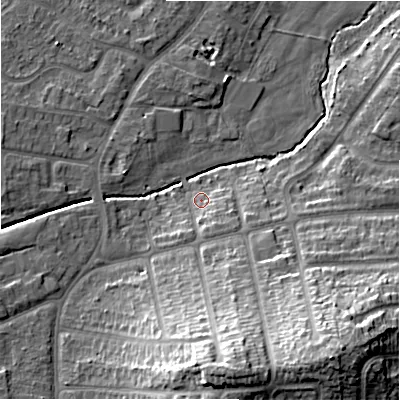 Shaded relief map of the ground around B263SH, computed from Environment Agency LiDAR. The ground here sits at about 94 m above sea level and falls 27 m across the surrounding 800 m. Surface water reaching this point runs off ground lying to the south-south-east, 7.2 m higher.