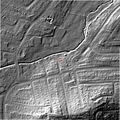 Shaded relief map of the ground around B263SL, computed from Environment Agency LiDAR. The ground here sits at about 94 m above sea level and falls 27 m across the surrounding 800 m. Surface water reaching this point runs off ground lying to the south-south-west, 4.7 m higher.