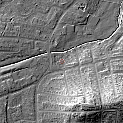 Shaded relief map of the ground around B263SQ, computed from Environment Agency LiDAR. The ground here sits at about 94 m above sea level and falls 26 m across the surrounding 800 m. Surface water reaching this point runs off ground lying to the east-south-east, 3.2 m higher.