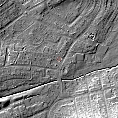 Shaded relief map of the ground around B263TP, computed from Environment Agency LiDAR. The ground here sits at about 95 m above sea level and falls 19 m across the surrounding 800 m. Surface water reaching this point runs off ground lying to the west, 5.0 m higher.