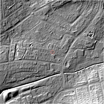 Shaded relief map of the ground around B263TR, computed from Environment Agency LiDAR. The ground here sits at about 95 m above sea level and falls 15 m across the surrounding 800 m. Surface water reaching this point runs off ground lying to the west-south-west, 2.5 m higher.