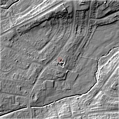 Shaded relief map of the ground around B263TT, computed from Environment Agency LiDAR. The ground here sits at about 93 m above sea level and falls 11 m across the surrounding 800 m. Surface water reaching this point runs off ground lying to the south-south-east, 2.5 m higher.