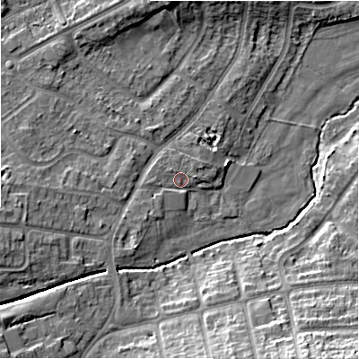 Shaded relief map of the ground around B263TU, computed from Environment Agency LiDAR. The ground here sits at about 94 m above sea level and falls 16 m across the surrounding 800 m. Surface water reaching this point runs off ground lying to the south-west, 1.5 m higher.
