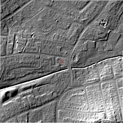 Shaded relief map of the ground around B263TW, computed from Environment Agency LiDAR. The ground here sits at about 95 m above sea level and falls 25 m across the surrounding 800 m. Surface water reaching this point runs off ground lying to the west, 5.1 m higher.